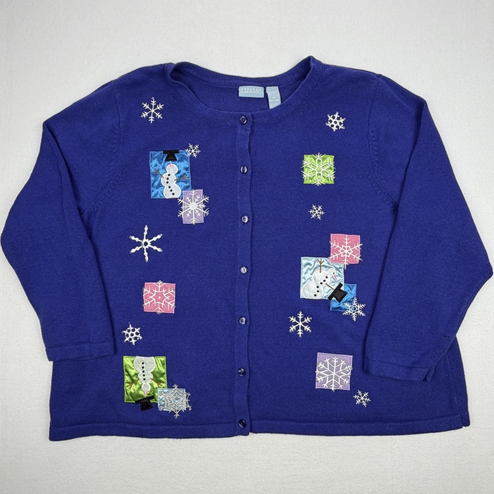 Liz & Me Womens 4X Royal Blue Snowman Snowflake Embroidered Cardigan Sweater